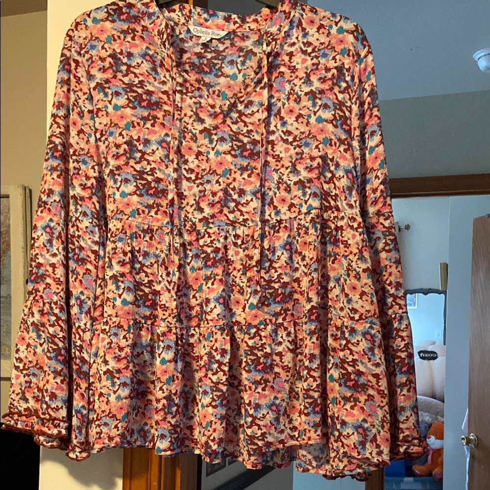 Orange, Pink and Blue Long Sleeve Tie Front Blouse